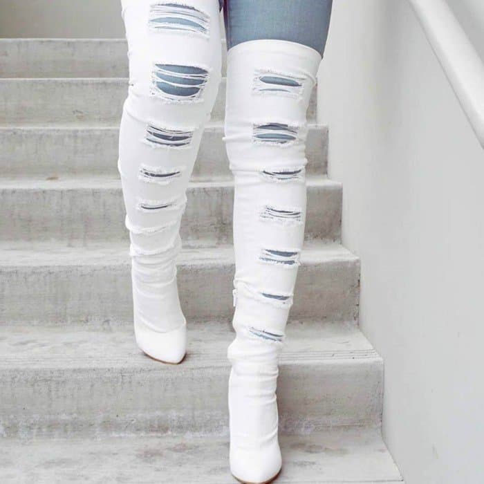 Sexy White Denim Thigh High Distressed Boots