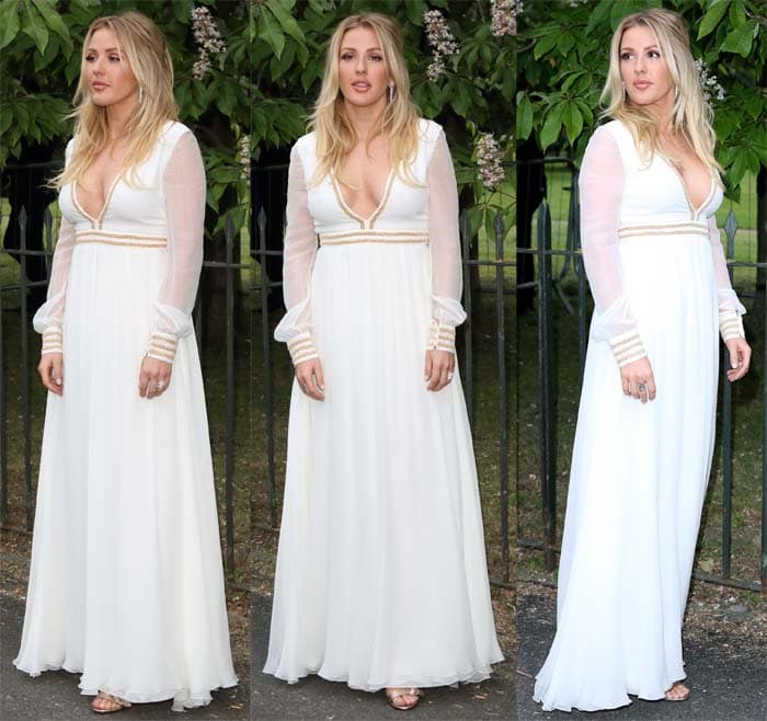 Ellie Goulding poses outside Kensington Gardens in a flowing white Tommy Hilfiger dress
