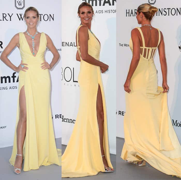 Heidi Klum shone at the amfAR 23rd Cinema Against AIDS Gala in Cannes, wearing a canary yellow Atelier Versace dress with a deep V-neckline, ruched skirt with a high split, and a cage-detail back, accessorized with contrasting Lorraine Schwartz jewelry, Giuseppe Zanotti sandals, and a high bun