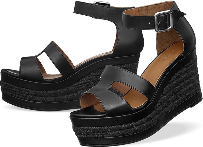 Hermès Ilana Espadrille Wedge Sandals Black