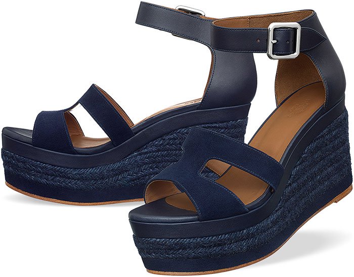 Hermès Ilana Espadrille Wedge Sandals Navy
