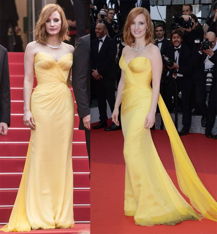 Jessica Chastain captivated at the 69th Cannes Film Festival in a radiant yellow strapless Armani Privé silk-chiffon gown with pleating and a draped train, elevated by a Piaget statement necklace, Charlotte Olympia heels, a side-parted wavy bob, and pink lips