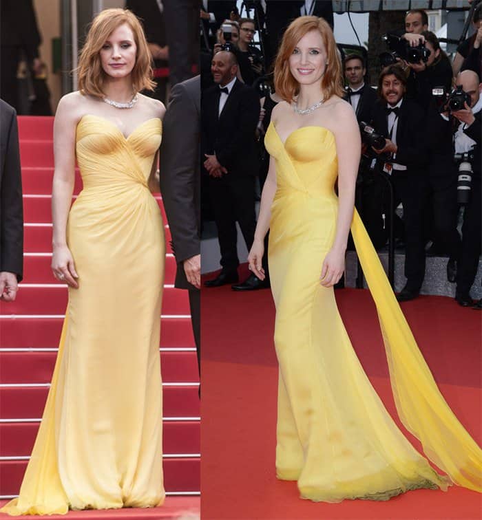 Jessica Chastain captivated at the 69th Cannes Film Festival in a radiant yellow strapless Armani Privè silk-chiffon gown with pleating and a draped train, elevated by a Piaget statement necklace, Charlotte Olympia heels, a side-parted wavy bob, and pink lips