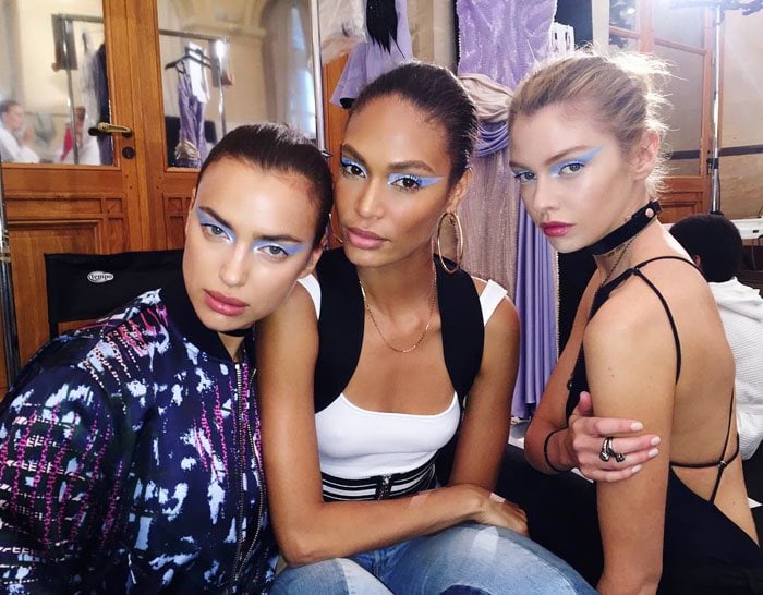 Joan Smalls uploads a photo backstage with fellow models Irina Shayk and Stella Maxwell