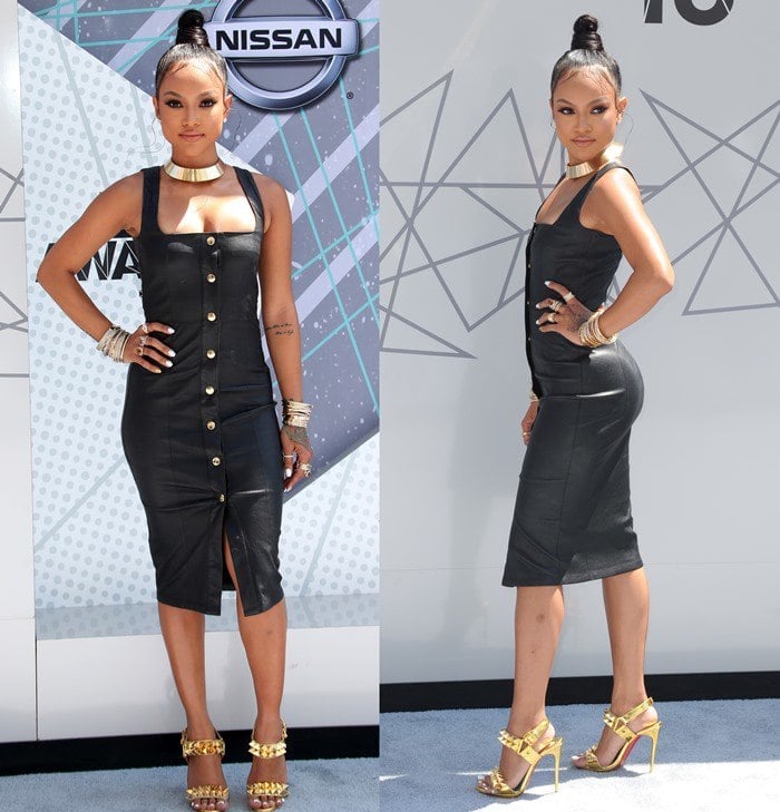 Karrueche Tran in a sexy little black leather dress