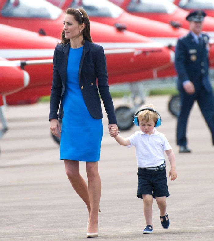 Kate Middleton wears a Stella McCartney dress with a Smythe blazer while out at an airfield event with her son, Prince George