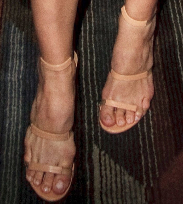 Katharine McPhee's feet appear slightly squeezed in her strappy nude Tamara Mellon "Frontline" sandals
