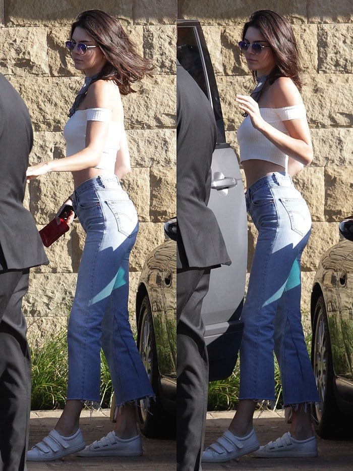 Kendall Jenner keeps things casual in an Are You Am I crop top and Re/Done Levi jeans