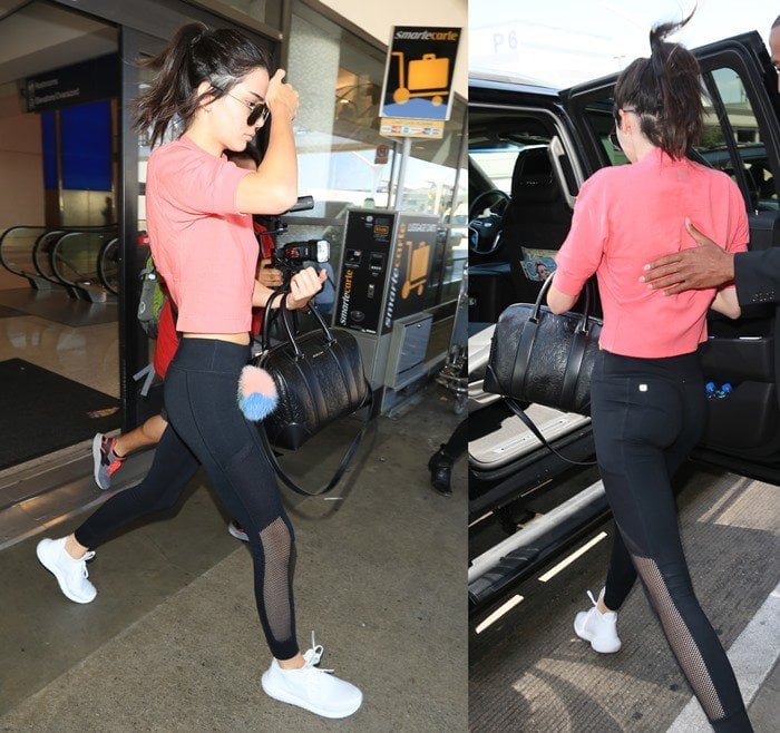 Kendall Jenner rocked skin-tight Mila leggings with a pink crop top