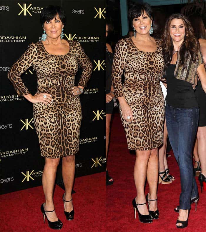 Kris Jenner in a form-fitting leopard print dress at the launch party of the Kardashian Kollection