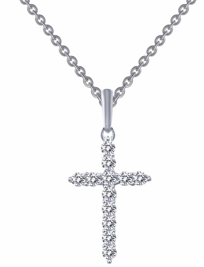 Prong-set simulated diamonds form the cross-shaped pendant of an elegant necklace made from sterling silver bonded with platinum