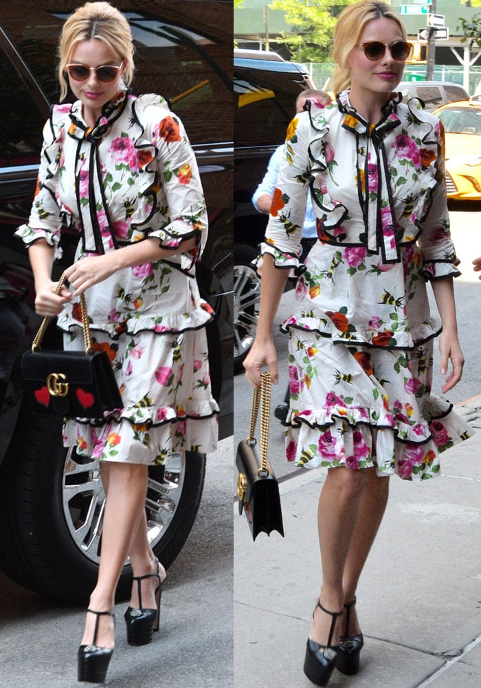 Margot Robbie wears a ruffled Gucci dress while out in Manhattan to promote her new films