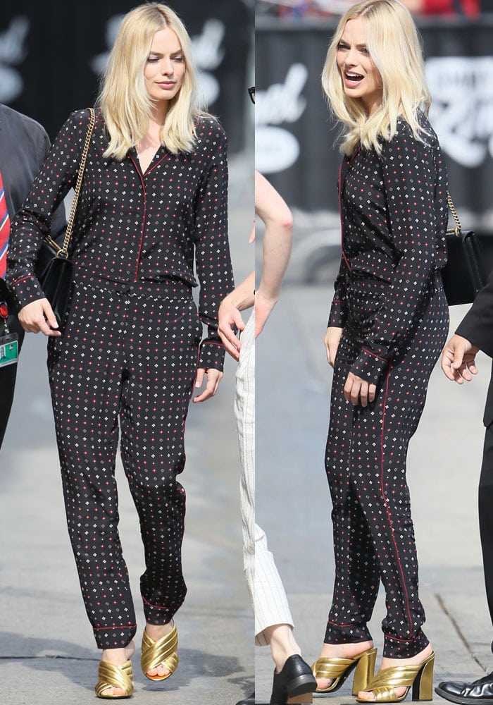 Margot Robbie wears a pajama-inspired Thakoon set as she arrives at ABC Studios