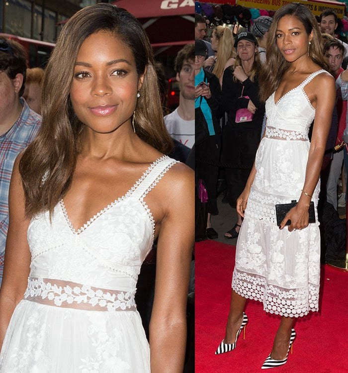 Naomie Harris effortlessly dazzled in a stunning white midi-dress designed by Self Portrait, featuring a plunging neckline that accentuated her beauty
