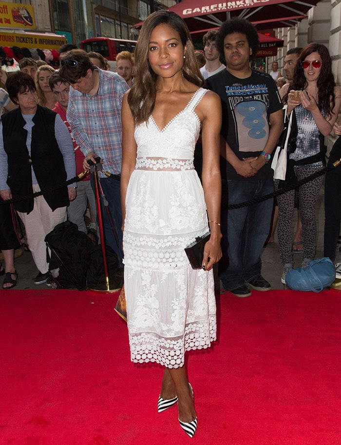 Naomie Harris stuns on the red carpet in a white midi dress from Self Portrait