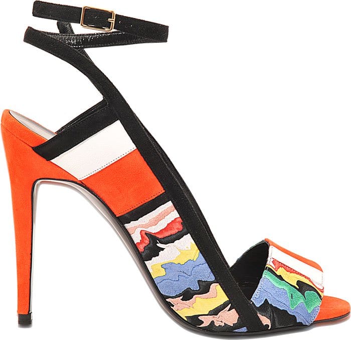 These Pierre Hardy sandals in coral and royal blue have a unique and eye-catching design that combines stripes and a marble effect to create a watercolor-like appearance