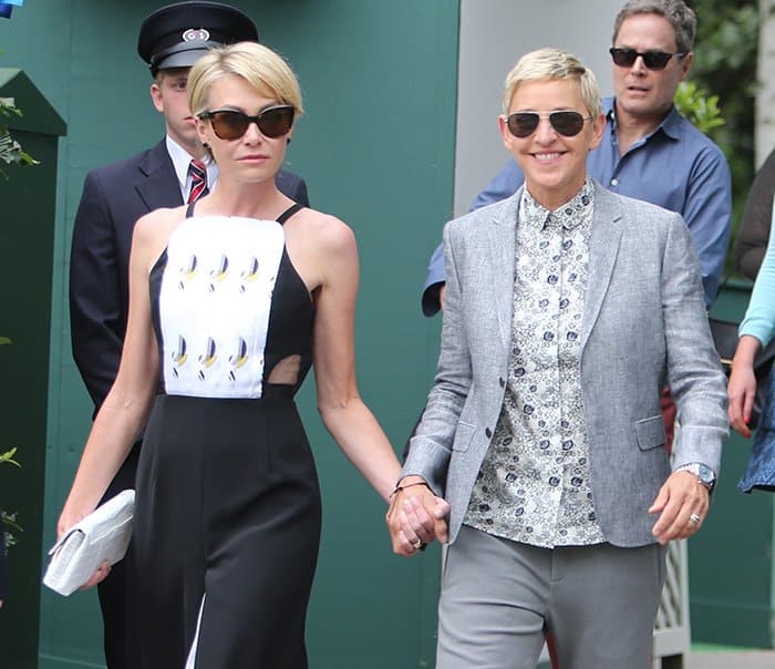 Portia de Rossi and Ellen DeGeneres make a stylish entrance at Wimbledon 2016, with Portia in a chic cut-out dress and Ellen in a tailored, patterned shirt and blazer