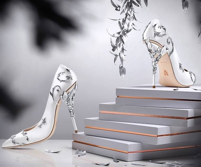 With ornamental filigree leaves spiraling naturally up the heel, this stunning pump harks back to the beauty and perfection of a lost paradise