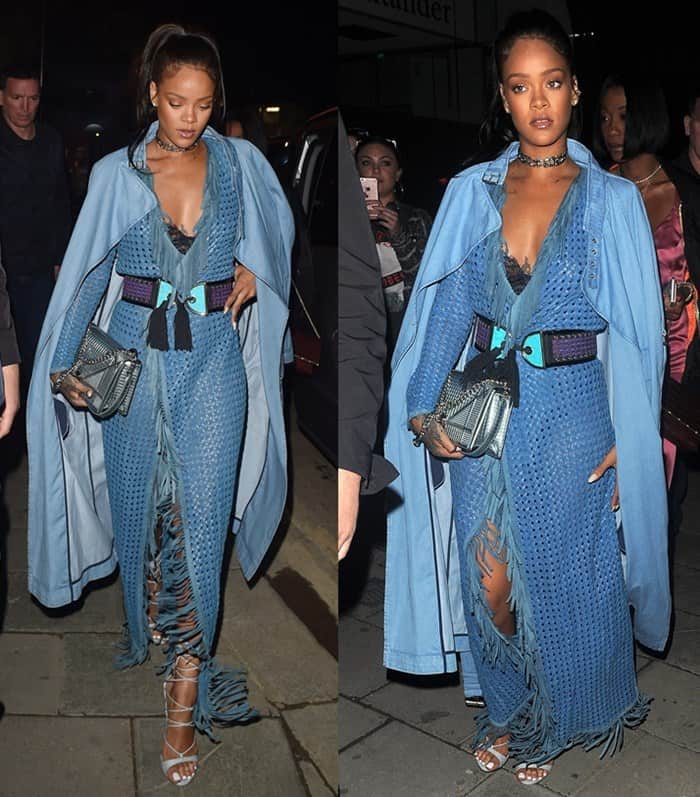 Rihanna wears a Balmain denim ensemble outside Tape Club in London