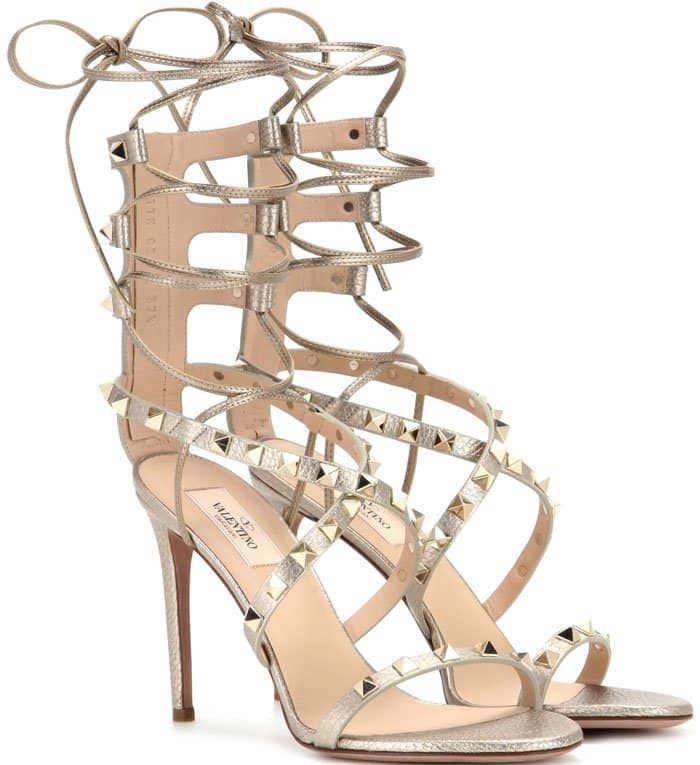 Valentino "Rockstud" Metallic Leather Lace-Up Sandals