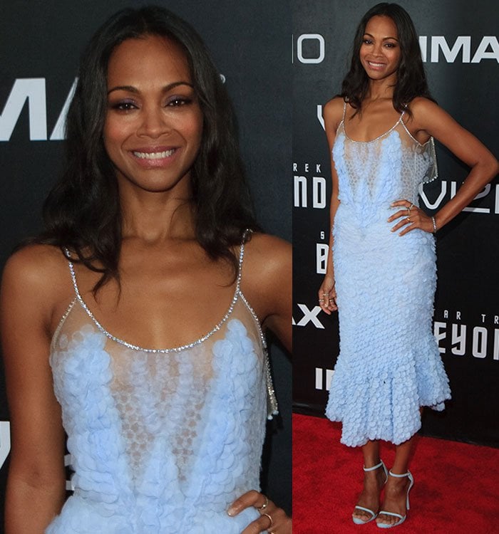 Zoe Saldaña in pastel blue Givenchy Fall 2015 dress