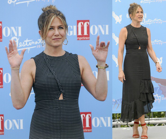 Jennifer Aniston wears a chic black-and-white dress to the Giffoni Film Festival
