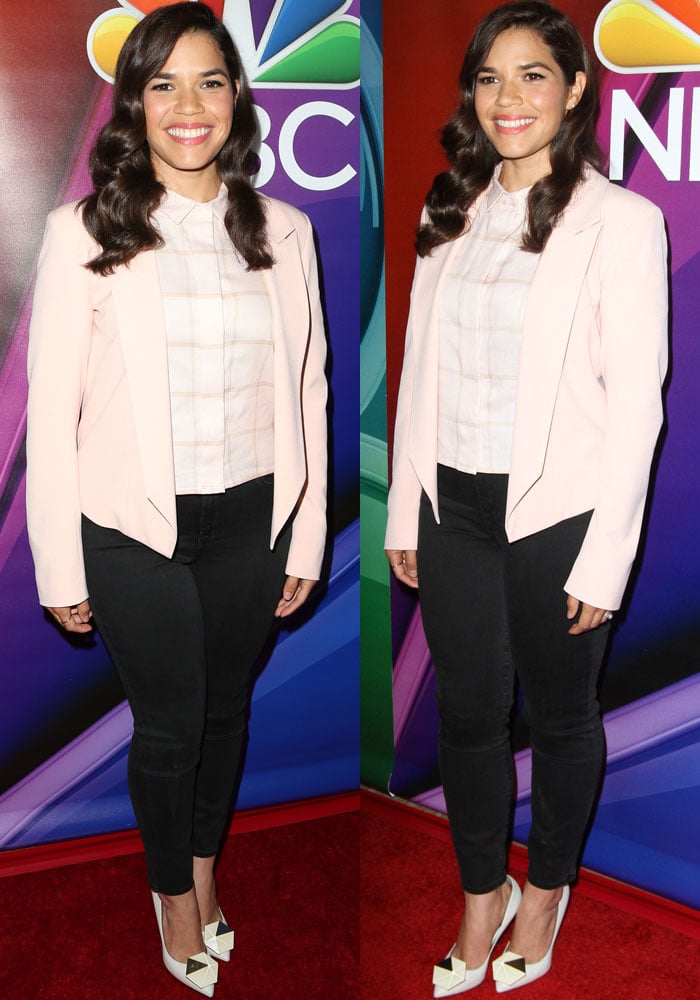 America Ferrera wears a blush-toned button-down with a pale pink blazer