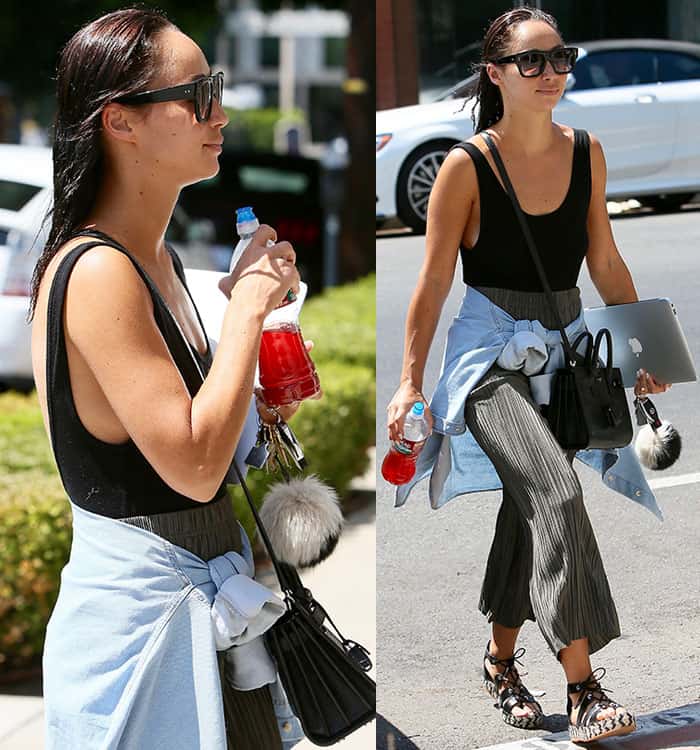 Cara-Santana-black-bodysuit-loose-pants