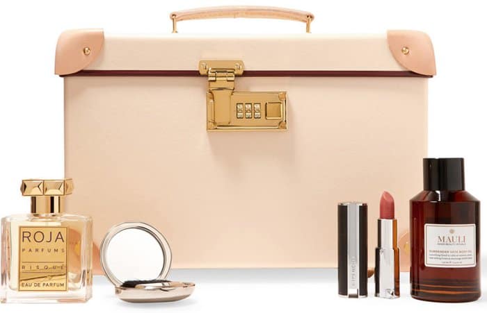 Inside look at the Globe Trotter Safari vanity case, showcasing its practical and elegant storage solutions