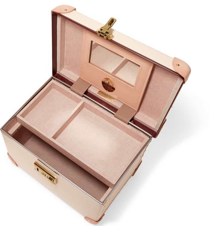 The Globe Trotter Safari vanity case displayed open, highlighting its ample space and organized compartments