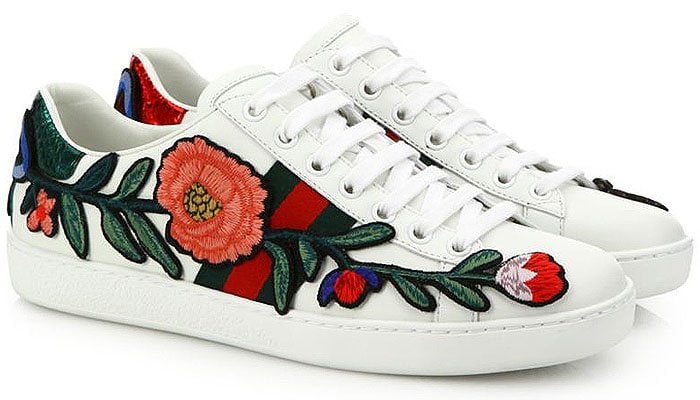 Gucci "New Ace" Floral-Embroidered Low-Top Sneakers