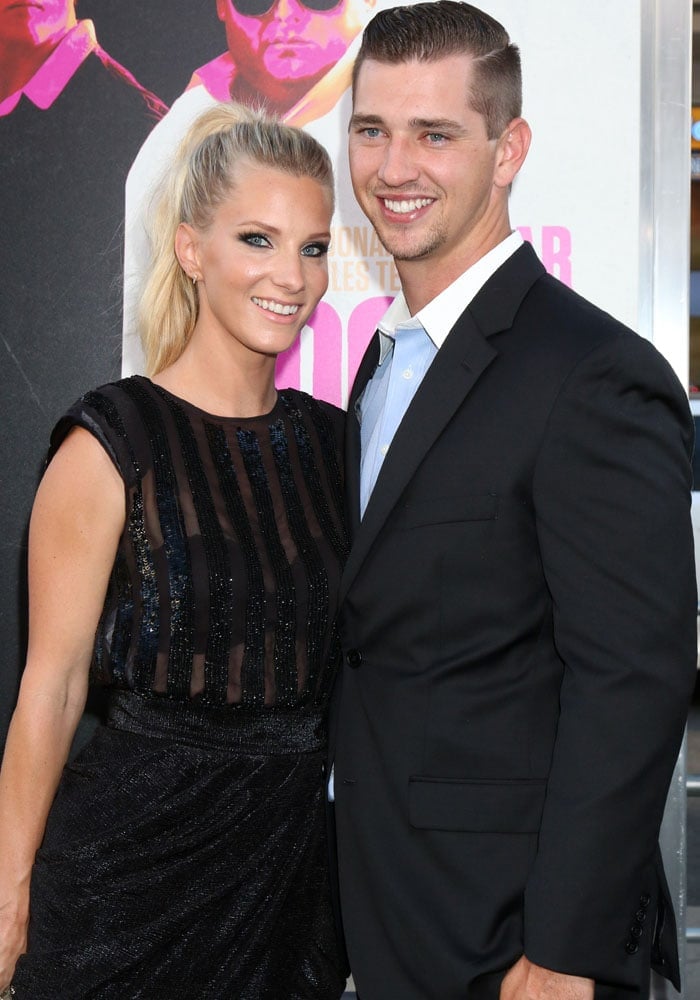 Heather Morris and husband Taylor Hubbell pose for photos at the "War Dogs" premiere
