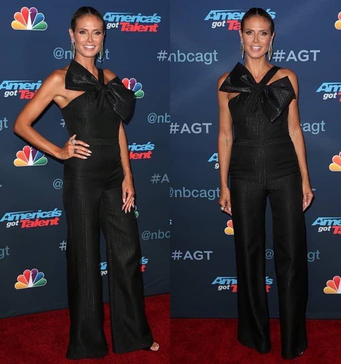 Heidi Klum dazzles in a black Wolk Morais jumpsuit featuring a dramatic oversized bow and sleek wide-leg pants at America's Got Talent Season 11 Live Show