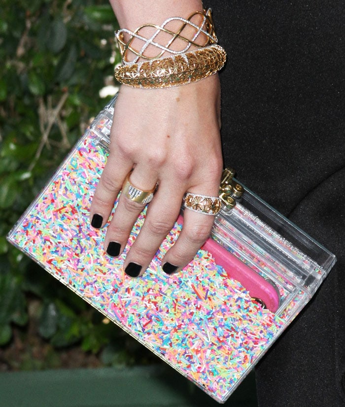 Jodie Sweetin paired her black Elliatt dress with gold bling from Ivanka jewelry and a confetti clutch from Ashlyn'd