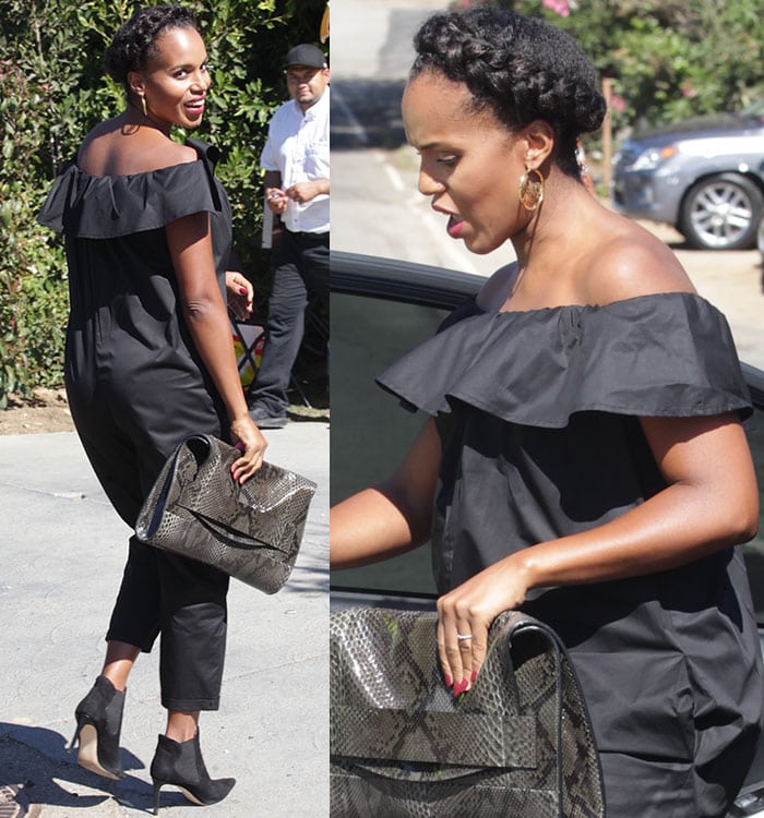 Kerry Washington shows off her baby bump in a ruffled black jumpsuit at Jennifer Klein's annual Day of Indulgence