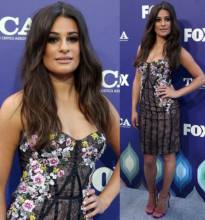 Lea Michele poses in a corset-style Marchesa dress covered in floral appliques