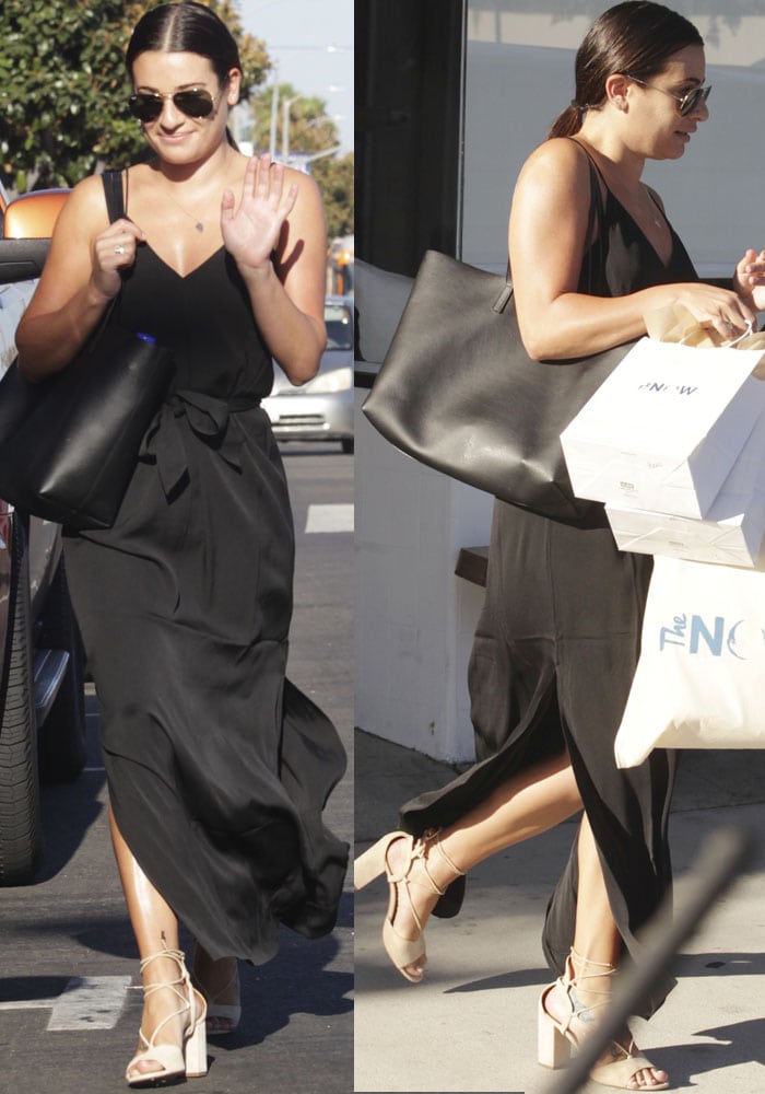 Lea Michele shows off her left in a black maxi dress from AYR