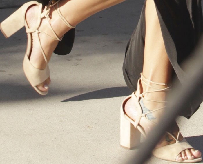 Lea Michele's feet and foot tattoo in nude Aquazzura sandals
