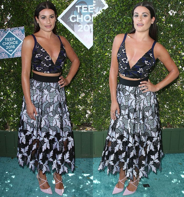 Lea Michele flashes some skin in a matching Self-Portrait bralette and skirt