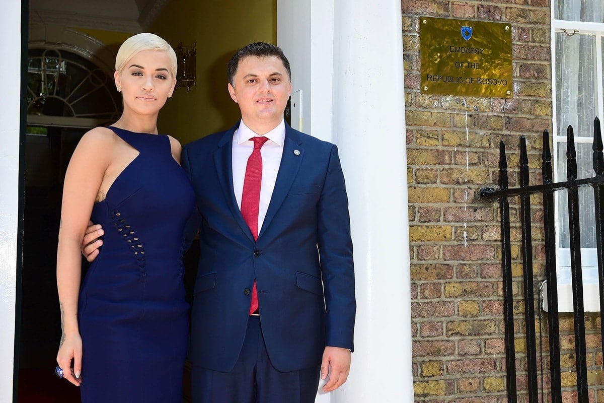 Posing with Lirim Greicevci, the Ambassador of the Republic of Kosovo, Rita Ora was appointed as an honorary ambassador of the Republic of Kosovo during a ceremony at the embassy in London on July 10, 2015