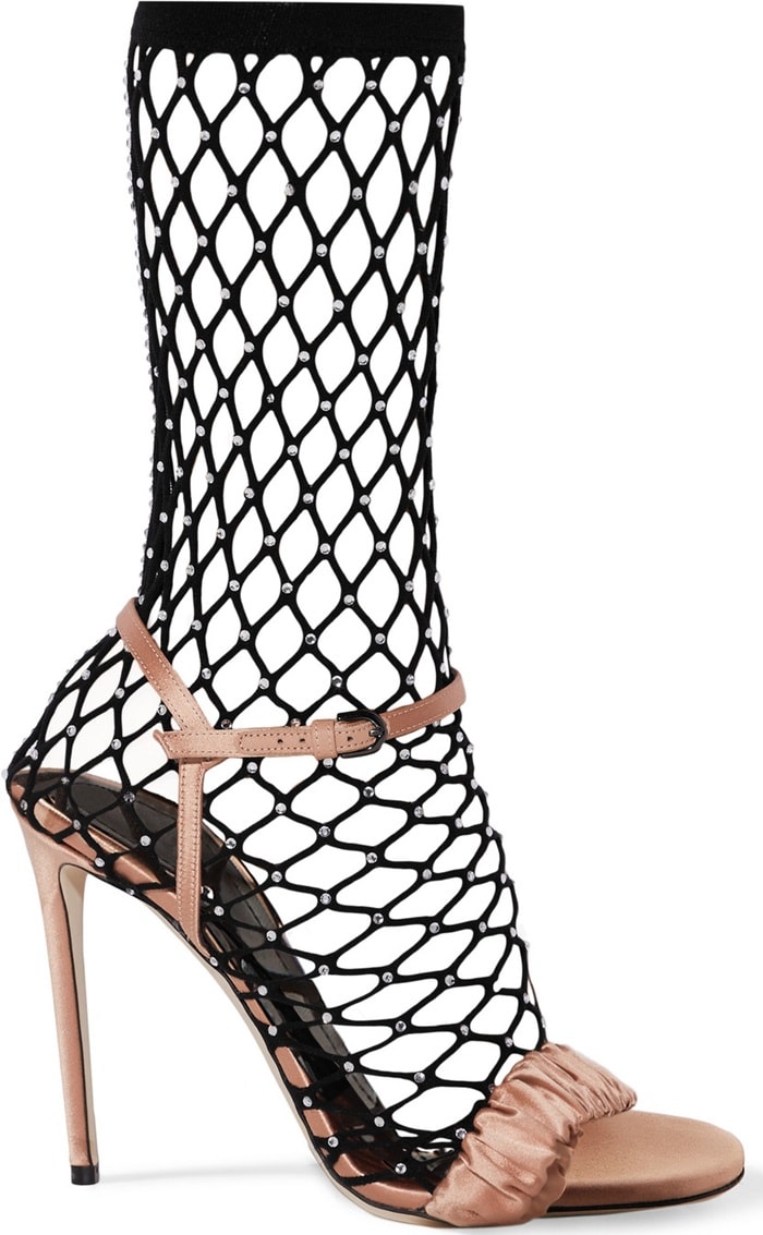 Crystal-embellished fishnet and ruched satin sandals