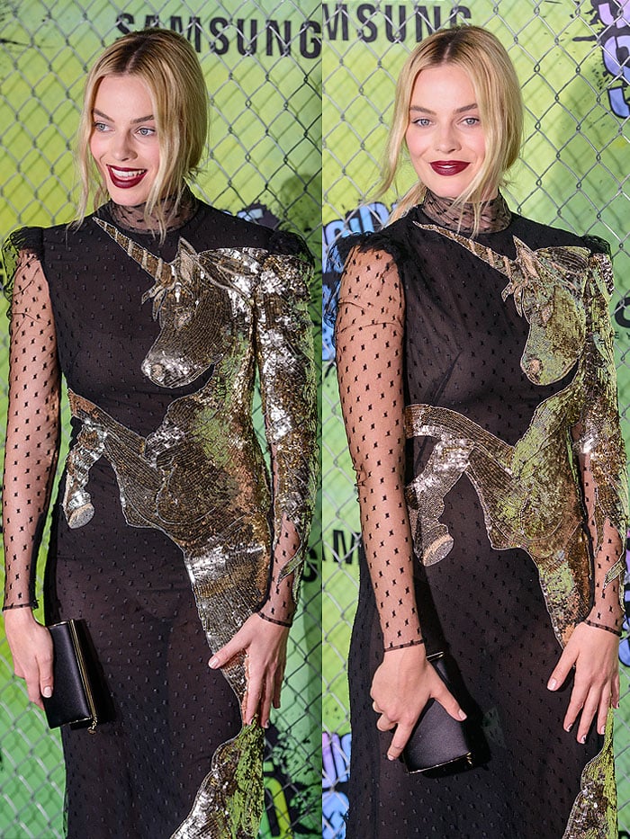 Margot Robbie's long-sleeved dress was made of sheer dotted and unicorn gold sequined tulle with an embroidered turtleneck