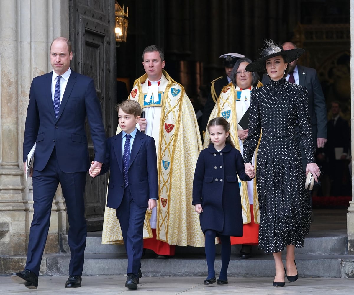 Prince William, Duke of Cambridge, Prince George of Cambridge, Princess Charlotte of Cambridge, and Catherine, Duchess of Cambridge depart the memorial service for the Duke Of Edinburgh