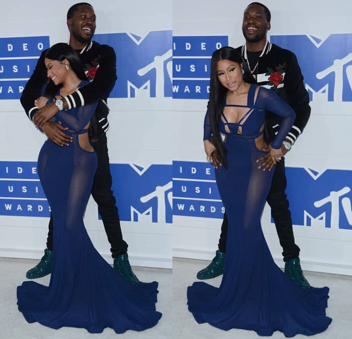 Nicki Minaj and her boyfriend Meek Mill wrapped their arms around each other at the 2016 MTV Video Music Awards held at Madison Square Garden on Sunday in New York City