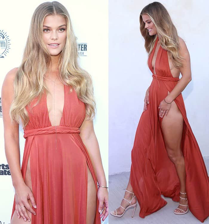 Dressed in a captivating backless orange gown, Nina Agdal left little to the imagination at the 2016 Sports Illustrated Summer of Swim Fan Festival