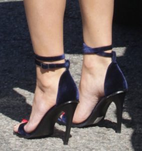 Olivia Munn Parades Legs in Tiny Skirt and Strappy Velvet Heels