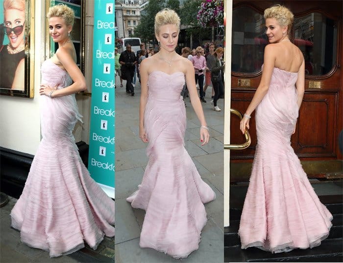 On July 26, 2016, Pixie Lott graced the "Breakfast at Tiffany's" Press Night at the Theatre Royal Haymarket in London, marking her presence with a distinct and feminine style