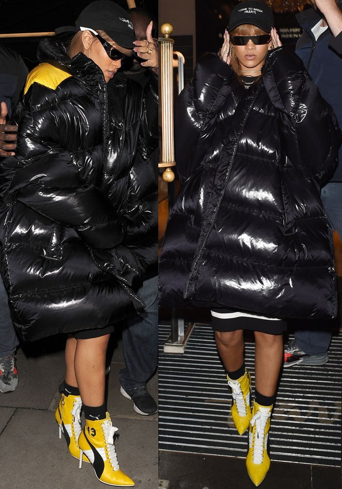 Rihanna wears a Nasa Season hat with an oversized padded Raf Simons coat