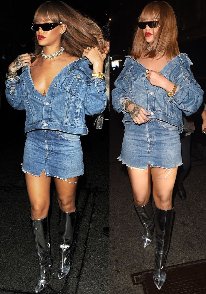 Rihanna ditched the bra and wore her jacket as a bodice-like top, letting it slip dangerously low along her chest