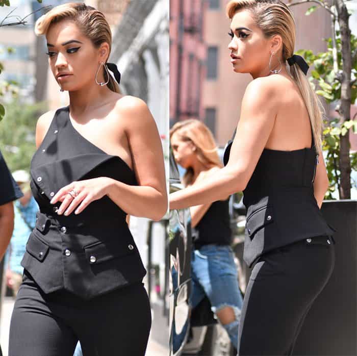 Rita Ora stuns with a sleek vintage-style updo and flawless makeup while wearing an Antonio Berardi jumpsuit in Manhattan